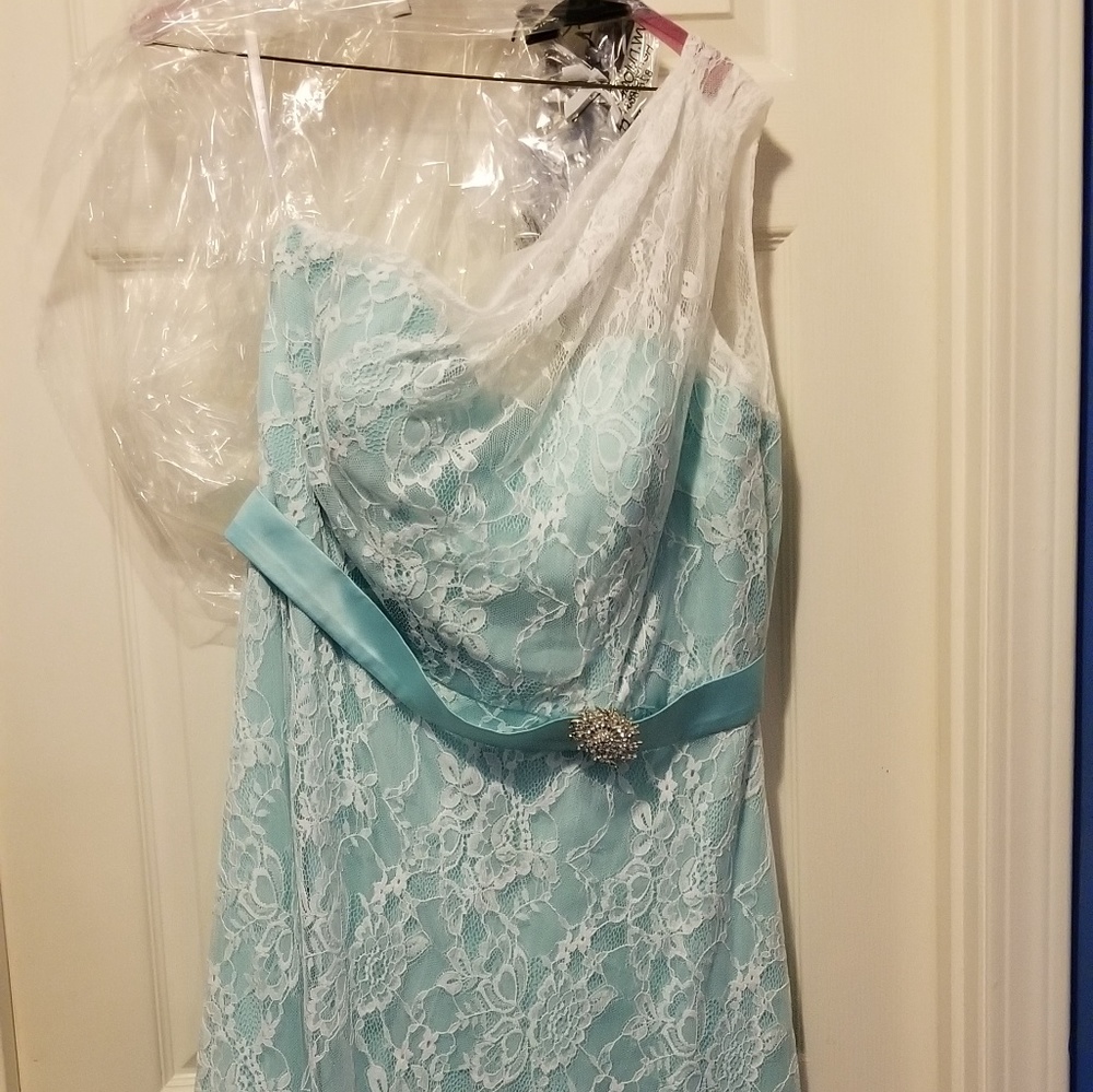 Aqua and white lace dress